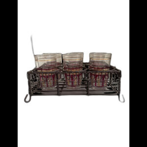 Mid Century True Vintage Italian CERVE set of 6 Glasses in Wrought Iron Basket